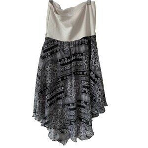 Boho Strapless Handkerchief Hem Midi Dress Black White Print Size Small